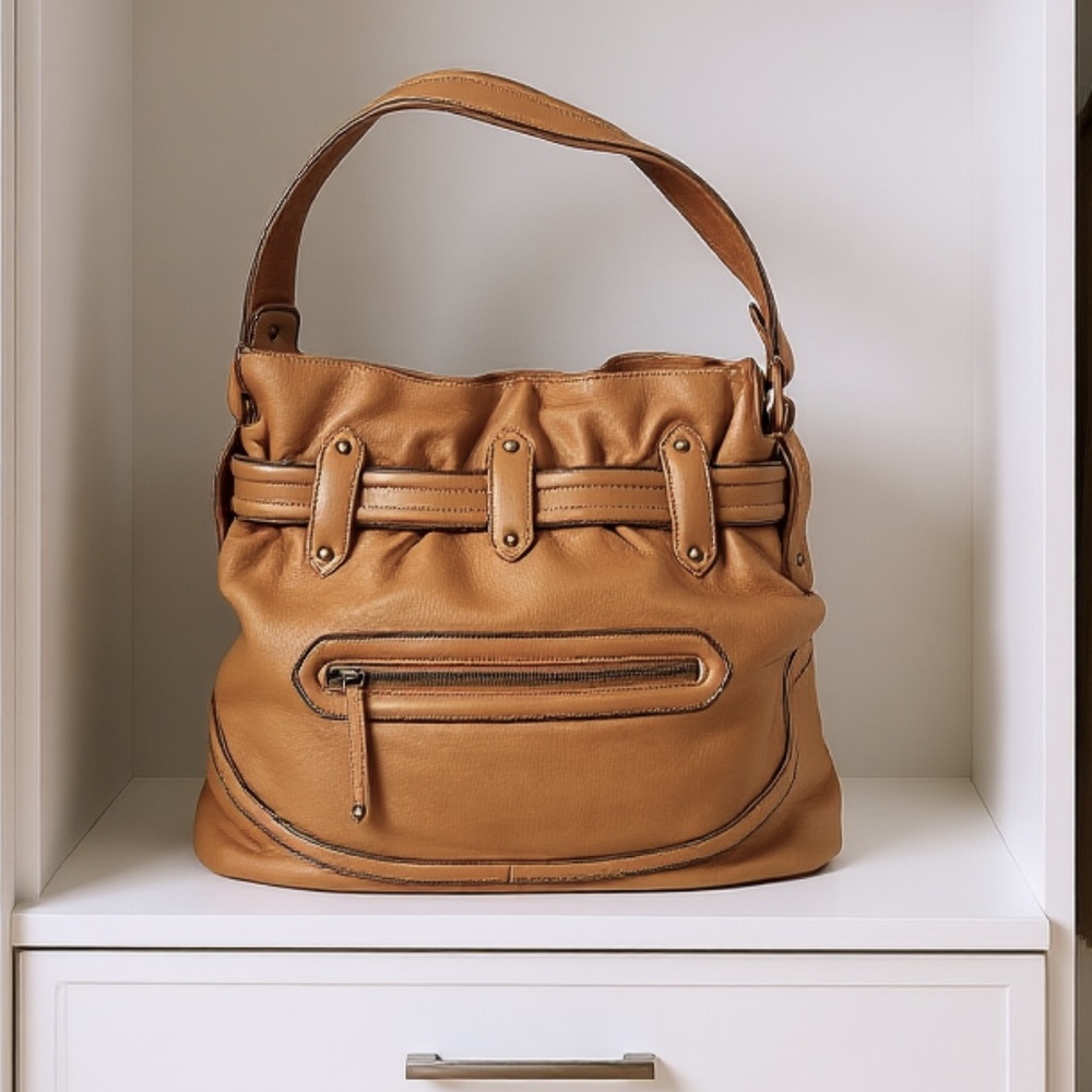 Cole Haan Camel Leather Shoulder Bag with Rose Gold Trim